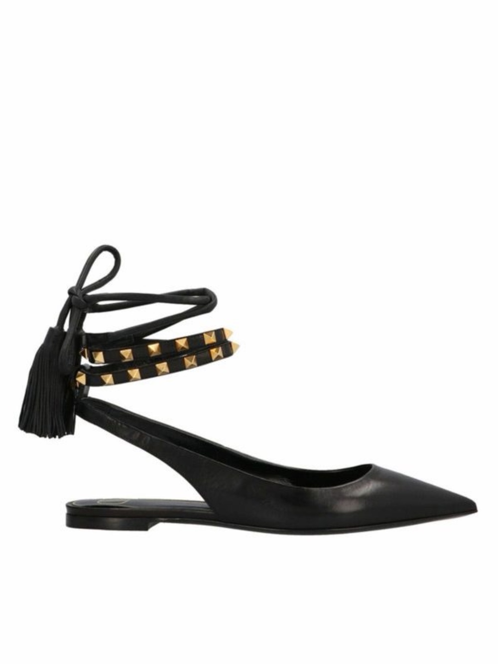 Valentino Garavani Rockstud Black Leather Ankle Wrap Flats sling back